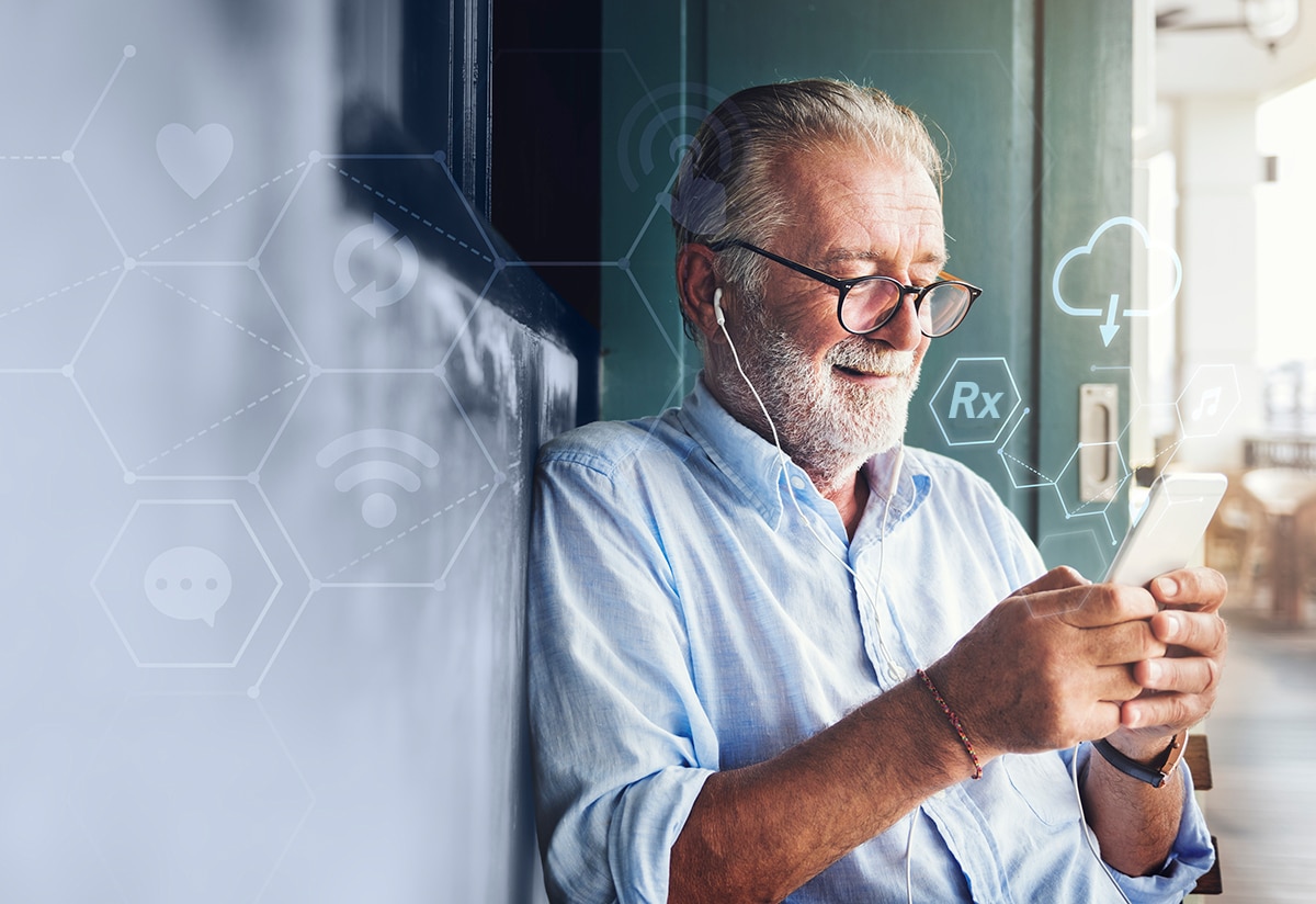 A senior man on his smartphone and wearing headphones. There are digital symbols overlaying the background of the image.