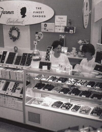 A photo of two women sitting behind the candy counter at the original Sterling Drug.