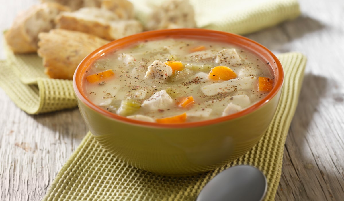 Closeup image of a bowl of chicken noodle soup.