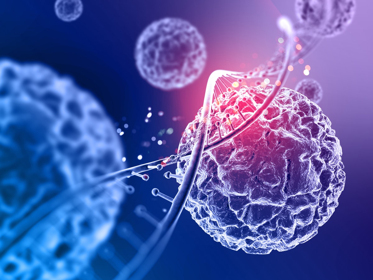 A graphic of a strand of DNA with virus molecules behind it.