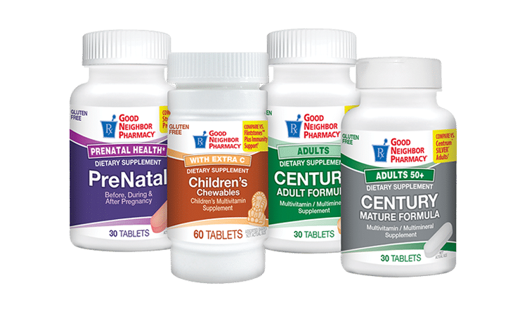 Bottles of Good Neighbor Pharmacy Vitamins